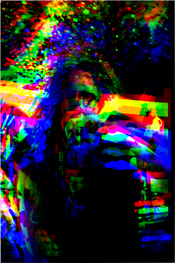 a visually distorted and eye-straining image of the website's author taken with a camera. it's edited to look psychedelic and trippy, wizard-like and spacey, even